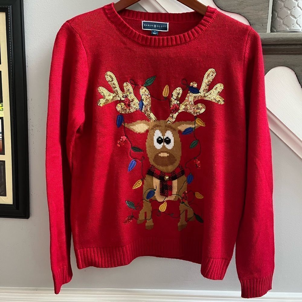 Karen Scott Red Embroidered Sequined Jingle Reindeer Christmas Sweater sz L EUC